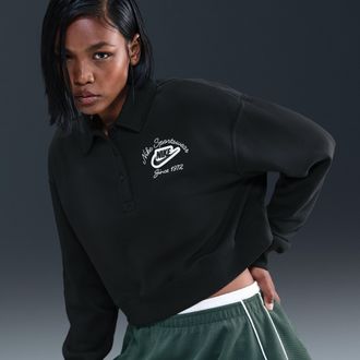 Nike Womens Nike Sportswear Phoenix Fleece Loose Collared Pull-Over Top in Black | IM7486-010