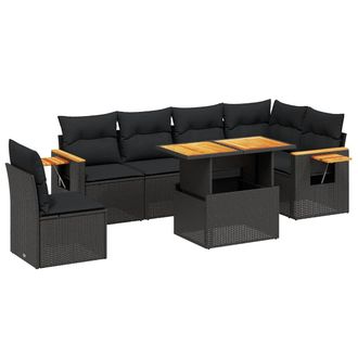 vidaXL Set De Comedor De Jard&iacute;n 7 Pzas Y Cojines Rat&aacute;n Sint&eacute;tico Negro Vidaxl