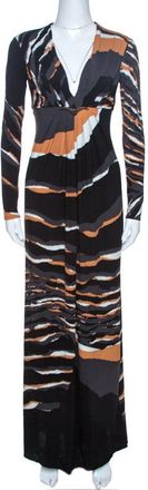 Roberto Cavalli Multicolor Stretch Jersey Draped V Neck Maxi Dress