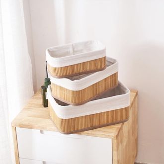 OEM Juego De 3 Cestas De Almacenamiento De Bamb&uacute; Con Forro De Tela Natural Para Armarios Y Estantes, Ba&ntilde;o