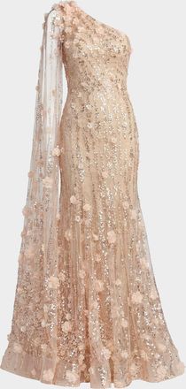 Mac Duggal One-Shoulder Beaded Floral Lace Trumpet Gown
