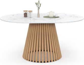 IDMarket Tavolo Da Pranzo Rotondo Allungabile Carmen Per 4-8 Persone Con Gambe A Doghe In Legno E Piano In Marmo Bianco Alaska 110 - 150