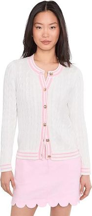 Lilly Pulitzer Brockton Crew Neck Cardigan Womens Sweater Resort White X Conch Shell Pink Tipping : XXS, Cotton