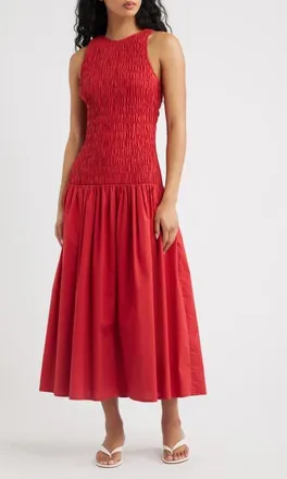 Faithfull The Brand Sanchia Shirred Drop Waist Midi Dress in Chilli at Nordstrom, Size X-Small