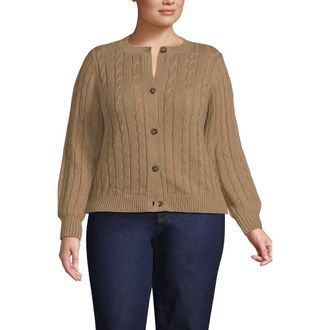 Lands End Drifter Classic Cable Crew Neck Cardigan Sweater in Vicuna Heather at Nordstrom, Size 2X