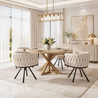 Merax Set of 4 Velvet Swivel Dining Chair with Metal Legs in Beige