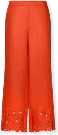 Elena Miro Linnen broek met geborduurde randen - Dames - Wijde Broeken - Oranje - 4XL - Linnen - Broeken