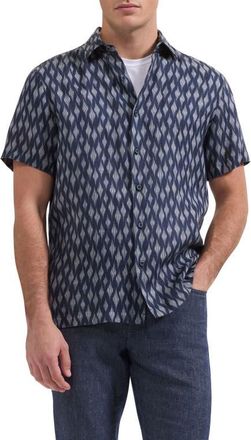 Bugatchi Vero Shaped Fit Geometric Print Short Sleeve Button-Up Shirt in Navy at Nordstrom, Size Xxx-Large