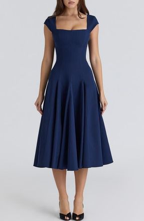 House of CB Raisa Square Neck Peached Twill Cocktail Dress in Navy at Nordstrom, Size X-Small