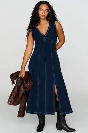 Pilcro Studded Denim Midi Dress