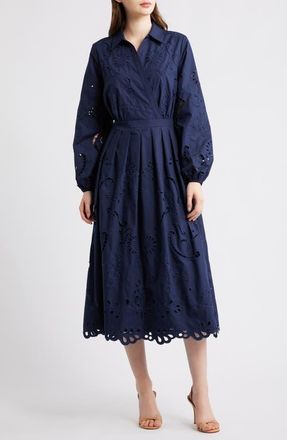 Elie Tahari Zoya Long Sleeve Cotton Blend Shirtdress in Navy at Nordstrom, Size 8