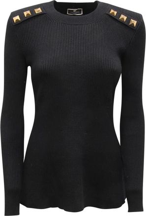 Elisabetta Franchi Maglia a coste stretch - Dames - Ronde hals truien - Zwart - XL - Leer - Truien & Vesten