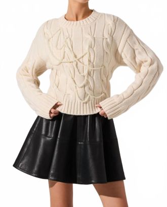 Astr Pennina Pearl Embellished Cable Knit Sweater In Cream