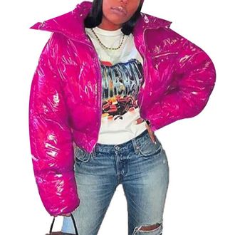 Generic Womens Wet Look PU Shiny Cropped Puffer Jacket Zip Up Short Puffy Coats Hot Pink