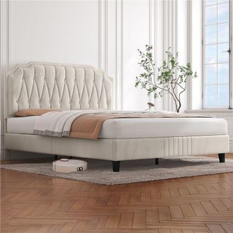 Yaheetech Yaheetech - Cama Doble Marco De Cama Tapizado Cabecero Regulable En Altura Beige/160 X 200 Cm