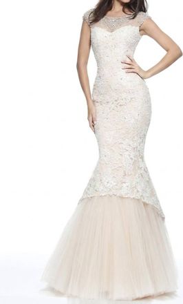 Sherri Hill Lace Beaded Illusion Neck Mermaid Gown In Ivory