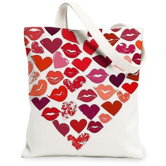 Generic Valentines Day Hearts Canvas Tote Bags, Lip Print Reusable Grocery Bags, Lightweight Washable Shoulder Strap for Outdoor Travel Beach 13x15 Inch
