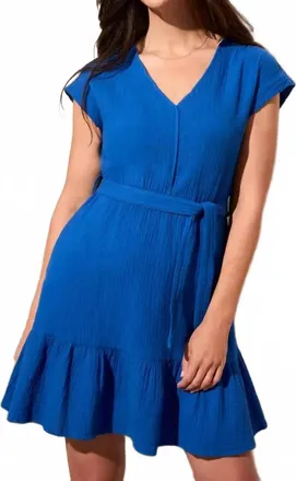 Tribal Cotton Gauze Cap Sleeve Dress With Sash In Royal