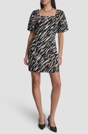 DKNY Zebra Print Puff Sleeve Minidress in Concrete Animal at Nordstrom, Size X-Small