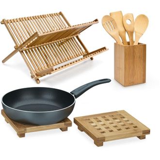 Relaxdays Relaxdays - 3x Accessori da Cucina, Set in Bamb&ugrave;, Scolapiatti, Porta Posate di Portata e Mestoli, Sottobicchieri, Sottopentole