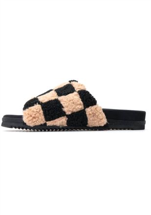 Roam Womens Fuzzy Check Slides In Beige & Black Faux Shearling