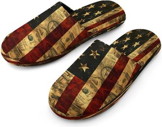 Generic U.S. Flag with Dollar Signs Mens Cotton Slippers Memory Foam Comfort House Shoes Winter Indoor Slipper for Hotel Casa Spa