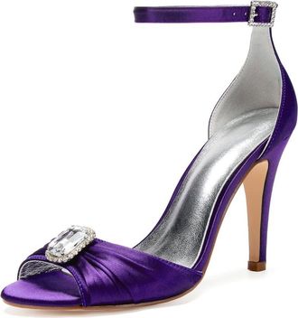 Generic Wedding Shoes Womens Open Toe Stiletto Sandals Ankle Strap Prom Dress Summer Satin Bridal High Heels 10.5 Cm,Dark Purple,9 UK