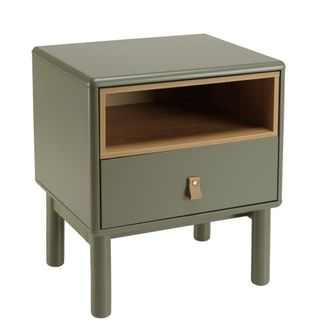 Macabane Mesita de noche verde con 1 caj&oacute;n y 1 hueco en madera natural