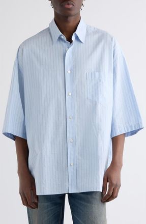 Acne Studios Soffia Stripe Short Sleeve Button-Up Shirt in Baby Blue at Nordstrom, Size 52