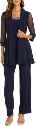 R & M Richards Womens Embellished Neck Two Piece Pants In Navy
