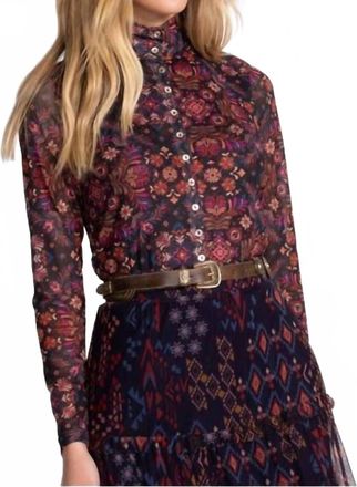 Johnny Was Mesh Button Up Mock Neck Top In Brandi