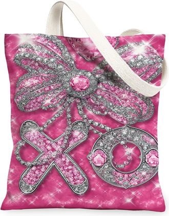 Generic Peach Jewelry Canvas Tote Bags, Vintage Rhinestone Pattern Reusable Grocery Bags, Lightweight Washable Shoulder Strap for T, Peach, 13x15 Inch