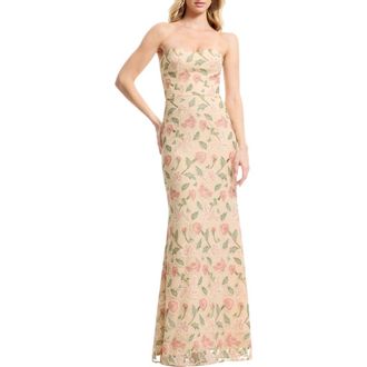 Dress The Population Sheridan Floral Appliqu&eacute; Strapless Column Dress in Blush Multi at Nordstrom, Size Xx-Small