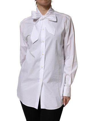 Dolce & Gabbana Womens White Cotton Bow Tie Long Sleeves Blouse Top