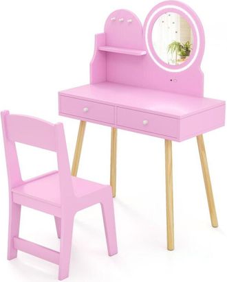 Costway Princess Makeup Dressing Desk and Chair Set Kids Vanity Set-Pink