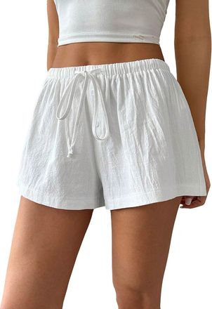 Generic Womens Low Rise Striped Shorts Drawstring Elastic Waist Tie Button Front Short Pants Summer Casual Mini Shorts Girls Loose Fitting Slacks Lounge Botto