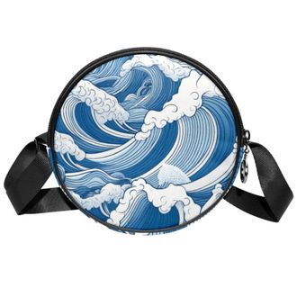 Generic Circle Crossbody Bag for Women, Sea Waves Small Sling Bag Daypack with Zipper Adjustable Shoulder Straps Casual Ladies Girls Round Purse