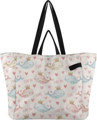 Generic Whales White pattern Reusable Canvas Tote Bag, Heavy Duty Grocery Shopping Bag with Large Capacity Hard Bottom Double Handles Work Groceries Travel