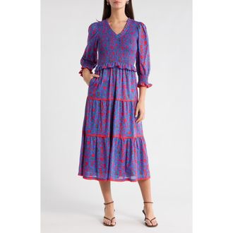Sugarlips Tanya Floral Print Long Sleeve Smocked Dress in Blue-Fuchsia at Nordstrom, Size X-Large