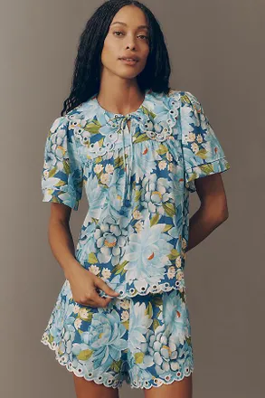 Farm Rio x Anthropologie Scalloped Linen Blend Shirt Top