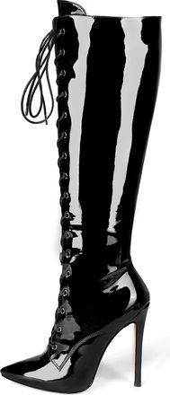 EDEFS Womens Knee-High Boots Stiletto Heel Pointed Toe Lace Up Long Boots Patent Black EU39