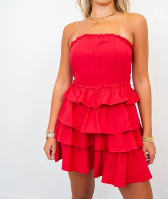 So Me Strapless Ruffle Denim Dress In Red