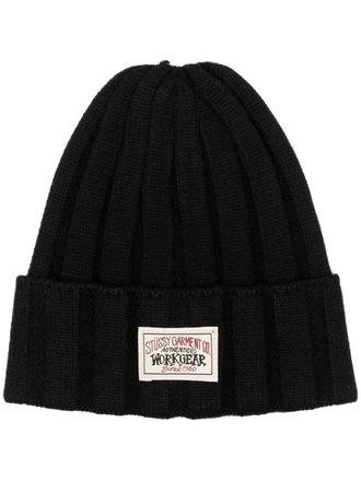 St&uuml;ssy ribbed-knit logo-patch beanie - men - Nylon/Polyester/Viscose - One Size - Black