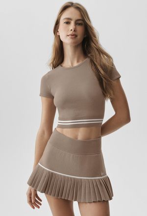 Alo | Scholar Knit My Serve Short Sleeve Top in Gravel/White, Size: Medium