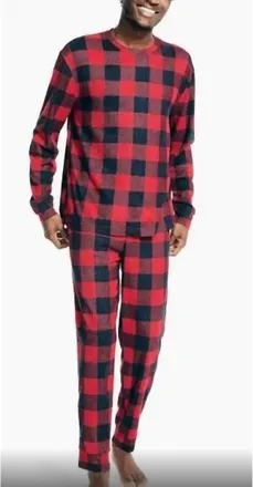Nautica Mens Long Sleeve Crew Neck Jogger Pajama Set In Red Plaid