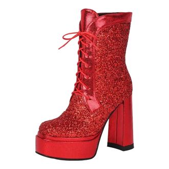Generic Womens Sexy Platform Ankle Boots Square Toe Chunky Heel With Lace Up Front And A Sparkling Sequined Upper