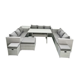 Fimous Rattan Garden Outdoor Furniture Set 12 Seater Garden Sofa Rectangulr Dining Table Set with 3 Footstools Side Table Light Grey Mixed