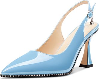 Castamere Womens Slingback Kitten Heel Close Pointed Toe Pumps Court Shoe Chunky Wedding Party Dress Shoes 9 CM Heels Sky Blue 3.5 UK