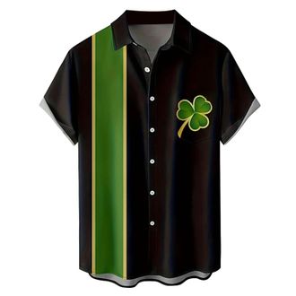 Generic St Patricks Day Mens Shirts Green Clover Shamrock Printed Button Down Shirts Short Sleeve Smart Casual Floral Linen Green T-Shirt Funny IrishPresents 