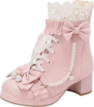 Generic Womens Platform Ankle Boots Round Toe High Block Heel With Zipper Lace And Pearl Butterfly-Knot Accent Stylish Shoes